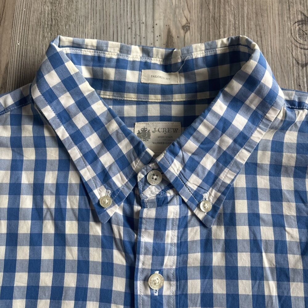 J Crew Men’s Blue White Gingham Poplin shirt with button-down collar Size Large